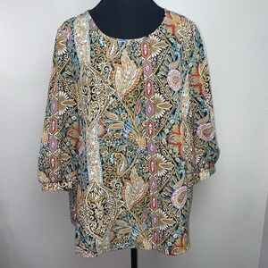 Emery Rose Blouse Women's 1X Multicolor Paisley Boho Balloon‎ Sleeves Casual
